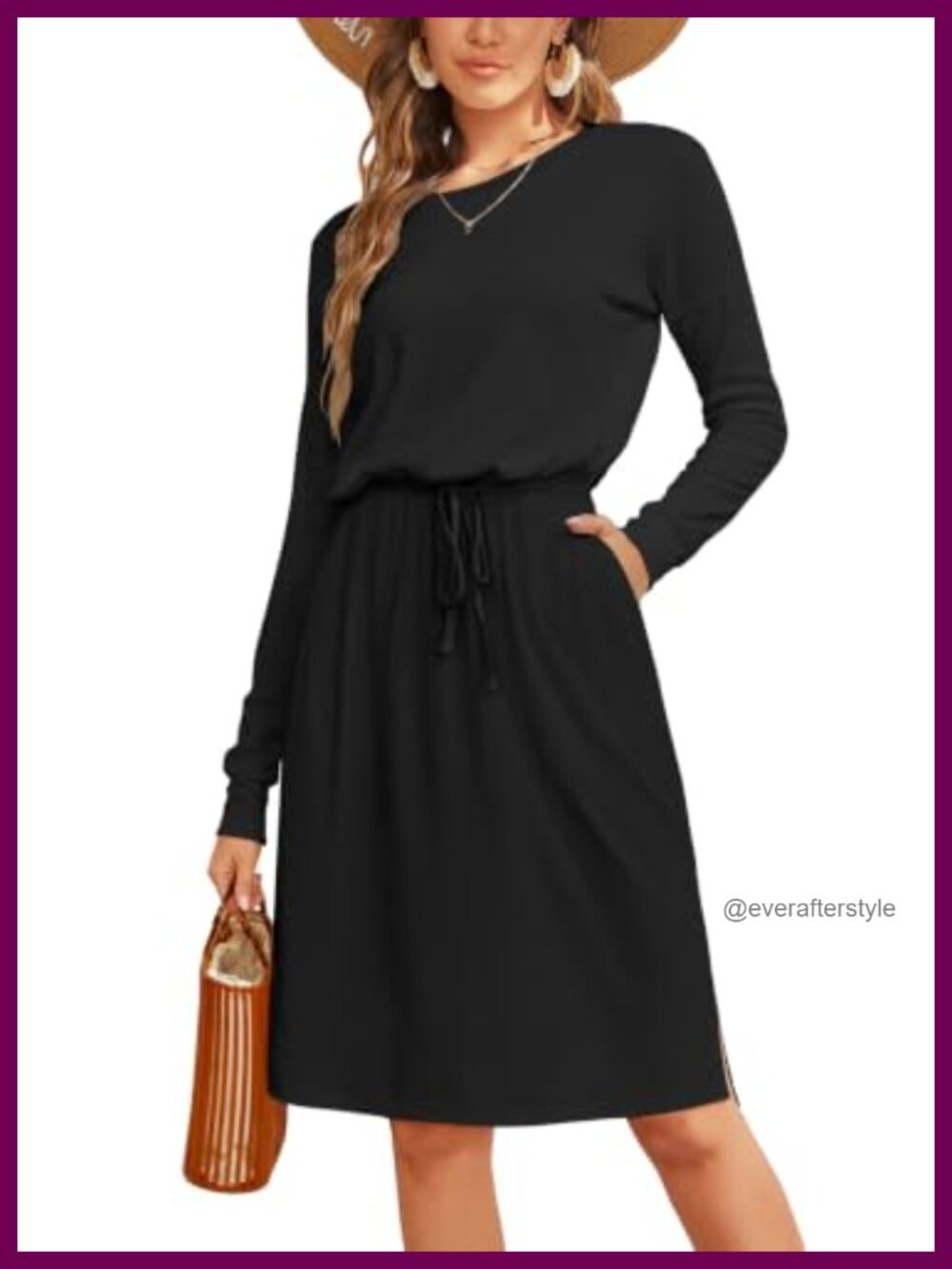 Women's Long Sleeve Knee Length Casual Dress with Pockets Adjustable Waist